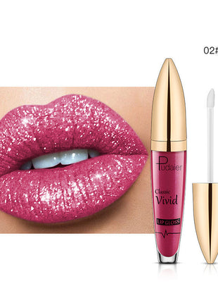 This image features the PUDAIER Lip Gloss Glitter Lipstick, highlighting its matte pearlescent finish. The product is showcased on a pair of lips, emphasizing the rich, vibrant color and the glossy, glittery texture that gives it a distinctive, shiny appearance.