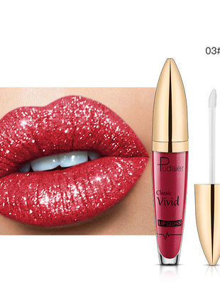 This image features the PUDAIER Lip Gloss Glitter Lipstick, highlighting its matte pearlescent finish. The product is showcased on a pair of lips, emphasizing the rich, vibrant color and the glossy, glittery texture that gives it a distinctive, shiny appearance.
