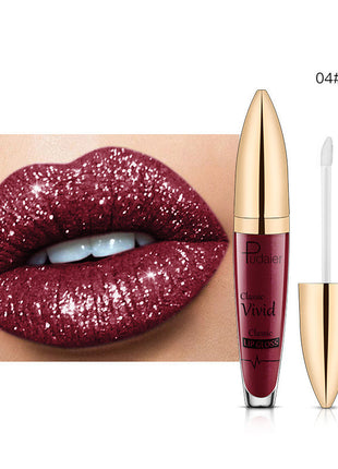 This image features the PUDAIER Lip Gloss Glitter Lipstick, highlighting its matte pearlescent finish. The product is showcased on a pair of lips, emphasizing the rich, vibrant color and the glossy, glittery texture that gives it a distinctive, shiny appearance.