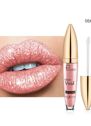 This image features the PUDAIER Lip Gloss Glitter Lipstick, highlighting its matte pearlescent finish. The product is showcased on a pair of lips, emphasizing the rich, vibrant color and the glossy, glittery texture that gives it a distinctive, shiny appearance.