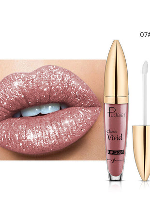 This image features the PUDAIER Lip Gloss Glitter Lipstick, highlighting its matte pearlescent finish. The product is showcased on a pair of lips, emphasizing the rich, vibrant color and the glossy, glittery texture that gives it a distinctive, shiny appearance.