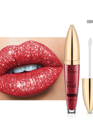 This image features the PUDAIER Lip Gloss Glitter Lipstick, highlighting its matte pearlescent finish. The product is showcased on a pair of lips, emphasizing the rich, vibrant color and the glossy, glittery texture that gives it a distinctive, shiny appearance.