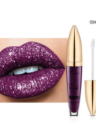 This image features the PUDAIER Lip Gloss Glitter Lipstick, highlighting its matte pearlescent finish. The product is showcased on a pair of lips, emphasizing the rich, vibrant color and the glossy, glittery texture that gives it a distinctive, shiny appearance.