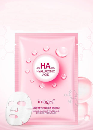 Pink facial mask package with hyaluronic acid text on a pink background