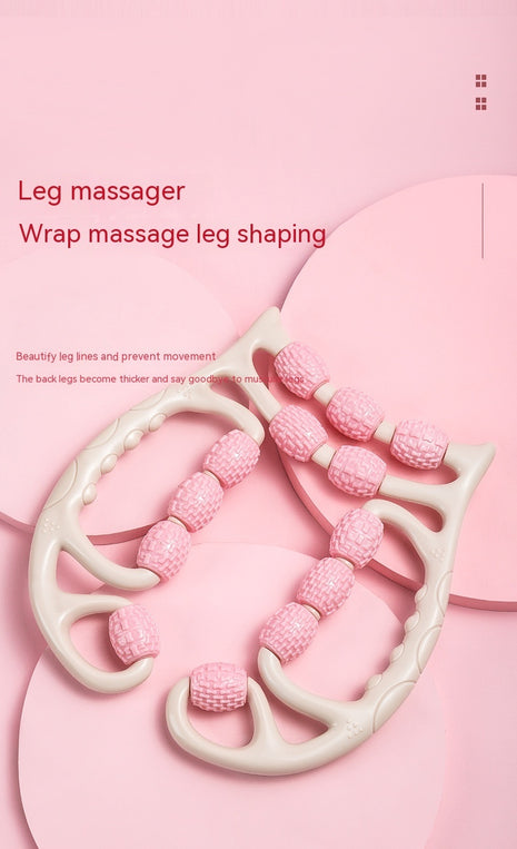 Pink leg massager wrap on a pink background with text describing its use.