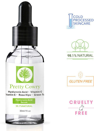 Pretty Cowry skincare serum bottle with dropper on a white background