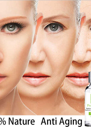 Anti-aging skincare product with a bottle labeled 'Pretty Cowry' on a background of three stages of a woman's face.