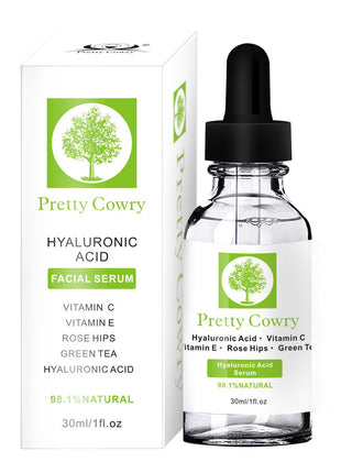 Pretty Cowry hyaluronic acid facial serum with packaging on a white background
