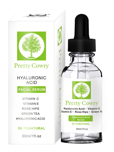 Pretty Cowry hyaluronic acid facial serum with packaging on a white background