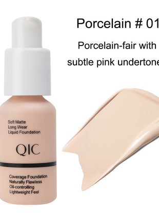 QIC foundation bottle with swatch labeled 'Porcelain #01' on a white background