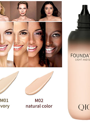 QIC foundation bottle with color swatches and model faces