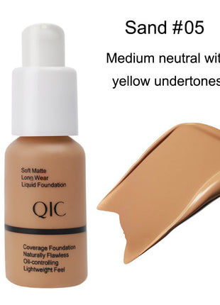 QIC foundation bottle with 'Sand #05' color swatch on a white background