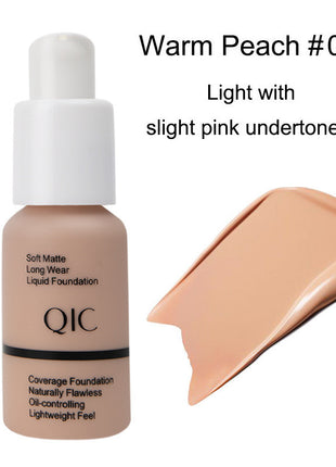 QIC foundation bottle with 'Warm Peach #03' swatch on a white background