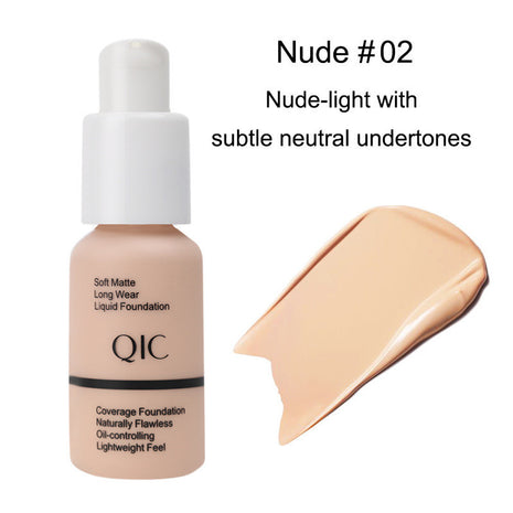 QIC foundation bottle with a swatch of Nude #02 shade on a white background