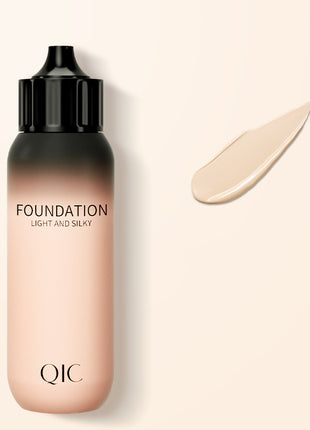 QIC foundation bottle with a swatch on a beige background