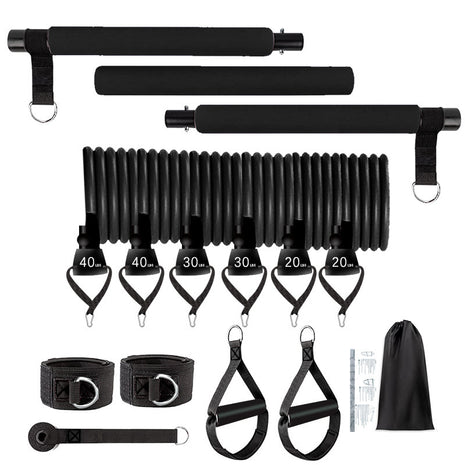 Black resistance band set with various components on a white background