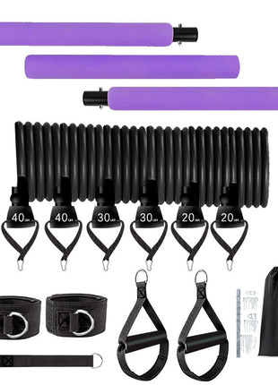 Collection of fitness equipment including resistance bands and handles on a white background