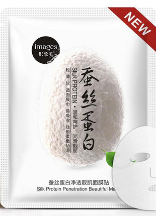 Silk protein facial mask packaging with 'NEW' label on a white background