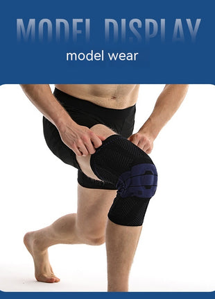 Person wearing a black knee brace on a white background with 'Model Display' text.