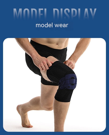 Person wearing a black knee brace on a white background with 'Model Display' text.