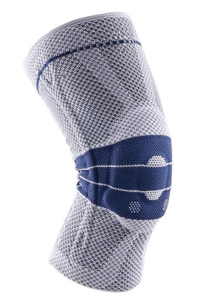 Knee brace with gray and blue pattern on a white background