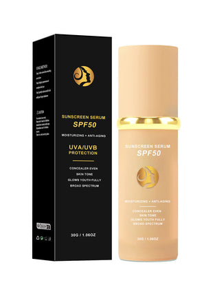 Sunscreen serum with SPF50 and packaging on a white background