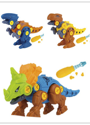 Three dinosaur toy figures in different colors on a white background