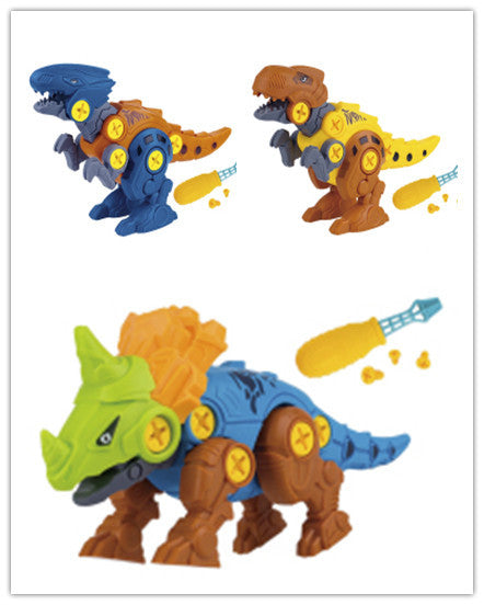 Three dinosaur toy figures in different colors on a white background