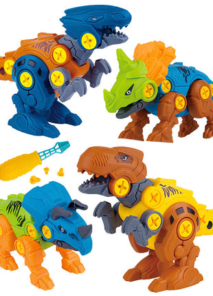 Three dinosaur toy in various colors on a white background