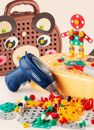 Toy construction set with tools and parts on a beige background