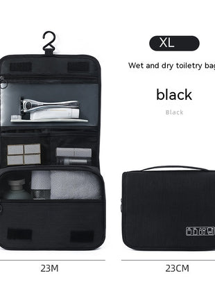 Black wet and dry toiletry bag with hanging hook, shown open and closed with product items inside, and dimensions displayed.