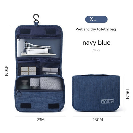 Navy blue wet and dry toiletry bag with measurements and product details on a white background