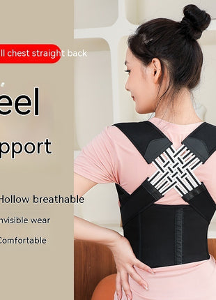 Person wearing a black posture corrector with text highlighting features on a beige background
