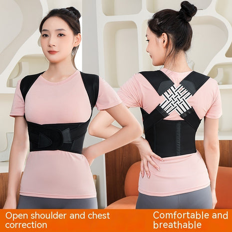 Woman wearing a black posture corrector with text highlighting features.