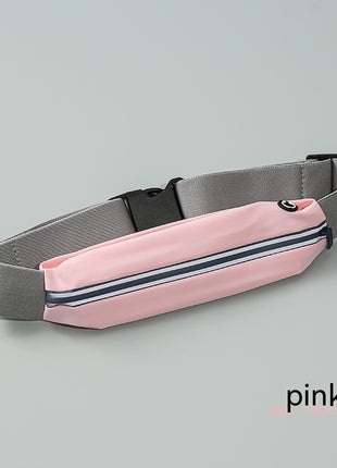 Pink waist bag with gray strap on a light gray background