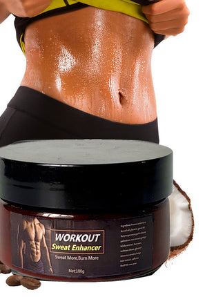 Workout sweat enhancer jar with a person wearing a black waist trainer on a white background