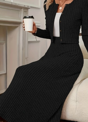 Oriented Fashion Elegant Autumn-Winter New Long-Sleeve Flared Skirt Button-Up Round Neck Cardigan Short Soft Temperament Midi Dress Set