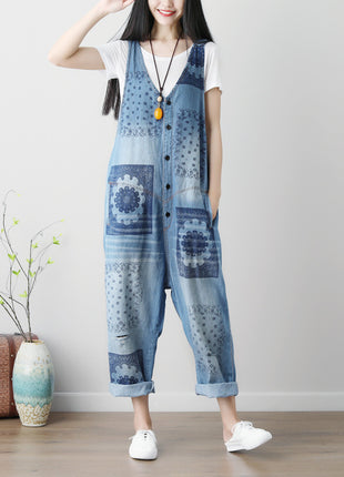 Sleeveless Washed Ripped Denim Suspender Overall