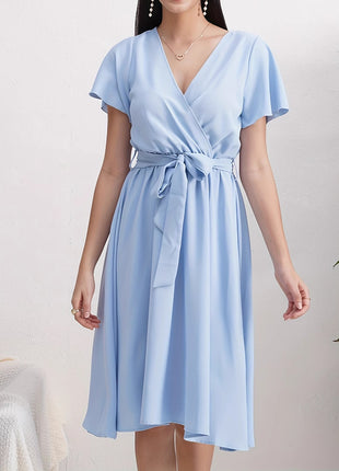 Short Sleeve Cross Collar Belt Dress