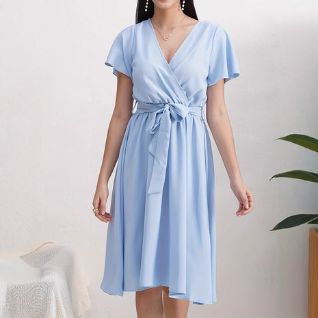 Short Sleeve Cross Collar Belt Dress