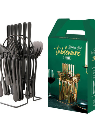24 PC Dinnerware Set Stainless Steel Tableware Set Knife Fork Spoon Luxury Cutlery Set With Storage Rack