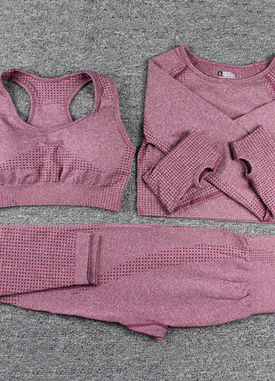 Three-piece Bra, Long Sleeve Top and Trousers Yoga Suit
