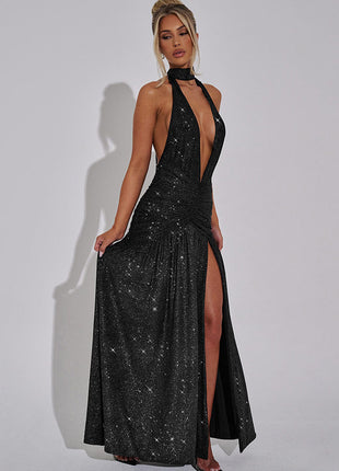 V-neck Halter Backless Bright Silk Dress