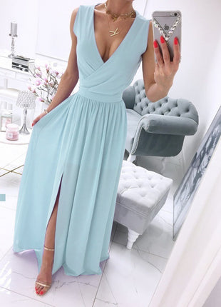 Sleeveless Ankle Skirt V-neck Front Split Dress