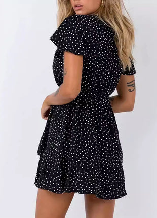 V-neck Polka Dot Waist Slimming Dress