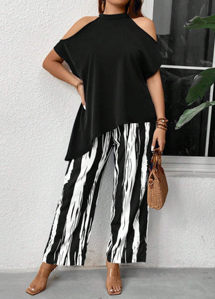 Loose Cold Shoulder Long Pants Two Pieces Set