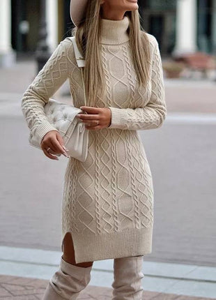 Turtleneck Knitted Slit Winter Dress