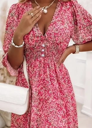 V-Neck Floral Short Sleeve Bubble A-Line Dress