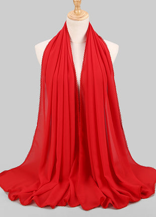 Elegant Women's Monochrome Lace Panel Pearl Chiffon Scarf