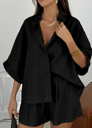 Polo Collar Half Sleeve Top and Shorts Two-piece Set